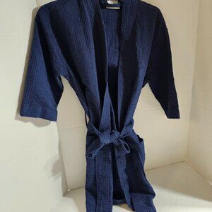Blue CHAKIR Linen Weave Cotton Men Women S/ M Robe Wrap Around Tie Belt